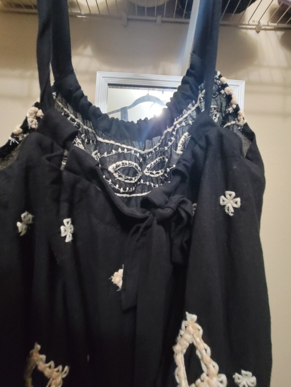 Zara Black Embroidered Tank Top with Cream Stitching
